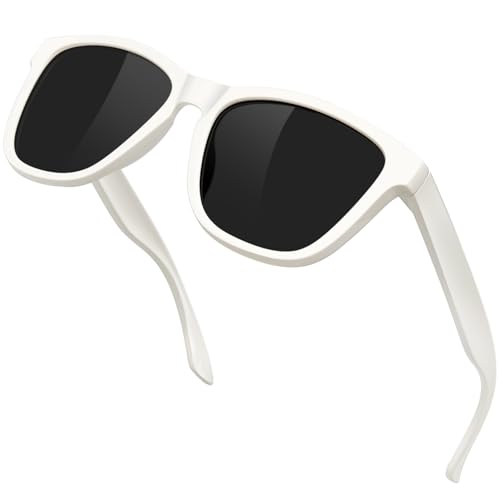 KANASTAL Bianchi Occhiali da Sole Bianco Neri Uomo Donna Polarizzati Montatura Bianca Scuri Retrò UV400 Quadrati Alla Moda Vintage White Sunglasses per Spiaggia -Cornice Bianchi Lente Nere