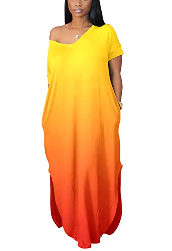 Image of Women Summer V Neck Loose Side Split Maxi Dresses with Pocket
