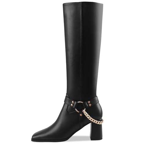 Oh Mispares Knee High Boots Slim Calf Square Toe Chunky Heel Narrow Calves Boots for Women Skinny Legs - Faux Leather Fall Winter Dress Riding Moto Tall 3 Inches Heels Boots for Girls2