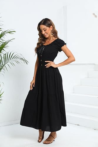 Image of OSTOO Women's Floral Maxi Dress Boho Summer Short Sleeve Smocked Waist Tiered Long Dress