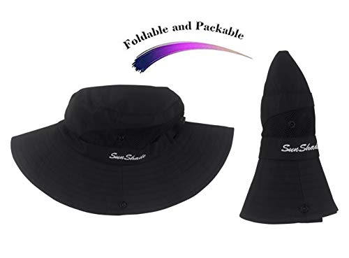 Hgge Women Ponytail Summer Sun Hat Wide Brim Uv Hats Floppy Bucket Cap For Safari Beach Fishing Gardening Pure Black #TOP5