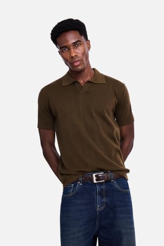 Image of SNITCH Men Knitted Polo T-Shirt | Geometric Pointelle Textured Knit & V-Placket Polo Collar | 100% Cotton Breathable Summer Knit, Casual Resort Wear