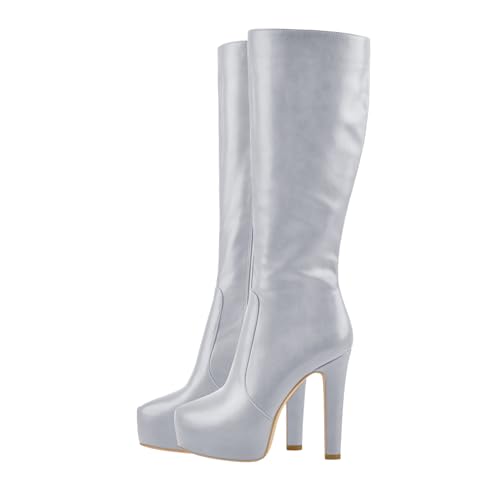 Image of richealnini Women's Low Platform Block High Heel Knee High Boots with Zipper