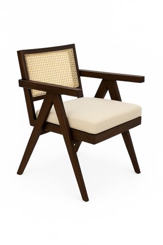 Image of Sainistree Furniture Solid Sheesham Wood Rattan Armchair, Walnut Finish Cane Back Chair with Cream Upholstery, Elegant Wooden Chair for Living Room, Bedroom, Dining, Indoor & Outdoor Furniture (Cream)