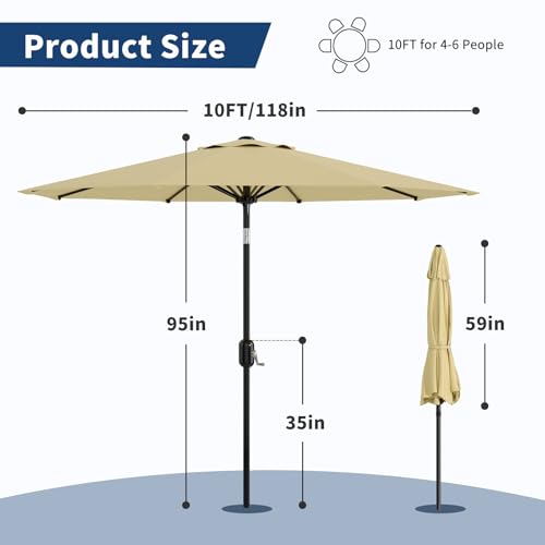 10Ft Patio Umbrella - 8 Sturdy Ribs Outdoor Table Umbrella with Crank Lift & Push Button Tilt - Market Umbrella for Pool, Deck, Yard, Garden -Beige