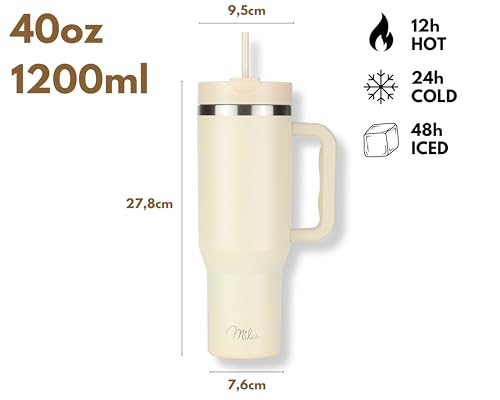 Milu Thermobecher 1200ml mit Strohhalm und Henkel – 48h Eis/24h kalt/12h heiß Edelstahl Tumbler 40oz mit Griff - Isolierbecher to go - Isolierflasche Trinkflasche doppelwandig isoliert (Beige, 1,2L) 4