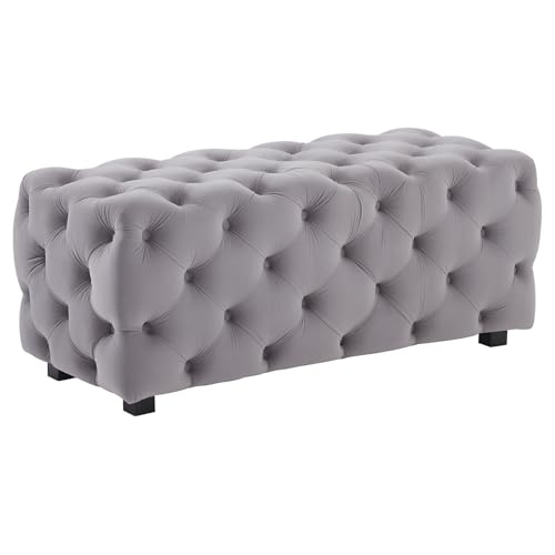 Image of BELLEZE Modern 46 Inch Rectangular Velvet Ottoman, Tufted Bench for Living Room, Bedroom or Entryway Seating, Vintage Style Upholstered Footrest - Zayne (Gray)