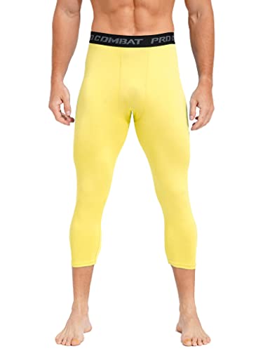 Mufeng Men's Calf Length Compression Pants Low Waist Sport Jogging Climbing Training Leggings Elastic Skinny Tights Yellow 3X-Large