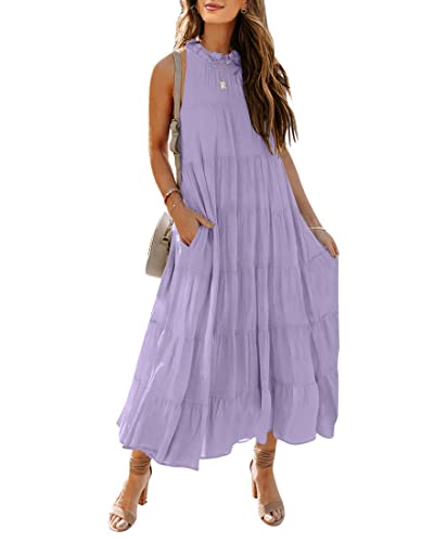 Image of HAEOF Women's Summer Sleeveless Halter Midi Maxi Dress Casual Loose Fit Pleated Tiered Flowy Beach Vacation Long Sundress