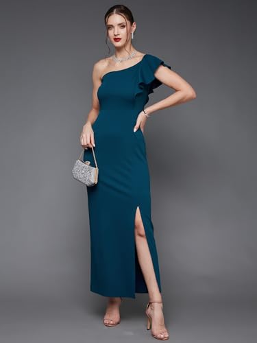 Image of Miss Chase Women's Solid One Shoulder Sleeveless Ruffled Maxi Dress