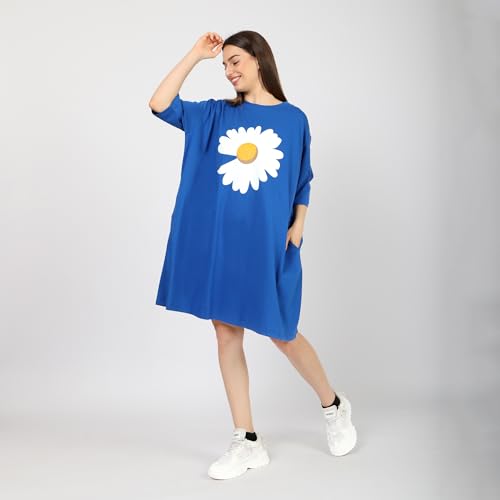 Image of LAMA STORE Women's Printed Oversized T-Shirt Dress, Cotton, 3 /4 Sleeve Length, Casual Loose Fit, Comfort Wear Extra Comfy Oversized Printed Pocket T-Shirt Dress
