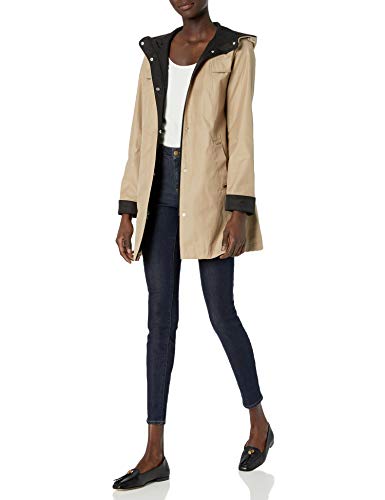 Jones New York Women's Hooded Trench Coat Rain Jacket, Tan and Black, L