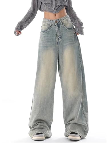 Women's Vintage Washed Thin Jeans Street Casual Neutral Style Blue Denim Trousers High Waist Straight Pants