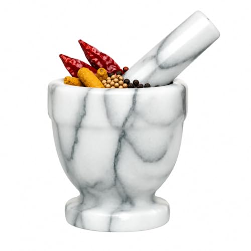 HIC Kitchen Tall Mortar and Pestle Set, Solid Carrara Marble, 4-I...