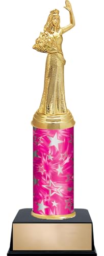 11.5" Beauty Queen Waving Custom Engraved Pink and Silver Star Column Trophy Awards