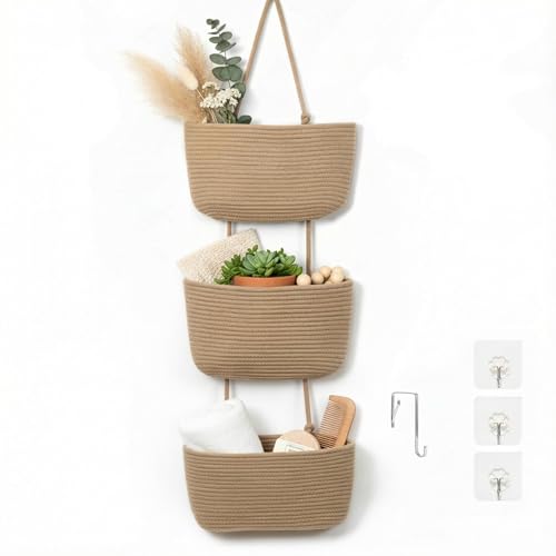 danpinera Aufbewahrungskörbe, 3-stöckige Baumwollseilkörbe mit Knopfriemen über der Tür, Wandorganizer Hängend mit Arten von Haken, Hängeaufbewahrung für Bad, Tür Organizer Bad für Aufbewahrung, Jute