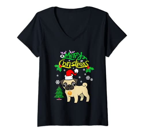 Mujer Pug Dog Santa Hat Funny Merry Christmas Dogs Lovers Xmas Camiseta Cuello V