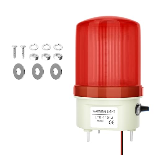 Image of Industrial LED Rotating Strobe Warning Light, 24 VDC Sound & Light Alarm with Knob and Switch, 105-110 dB Volume Adjustable, Red Emergency Alarm Light for Indoor /Outdoor Use