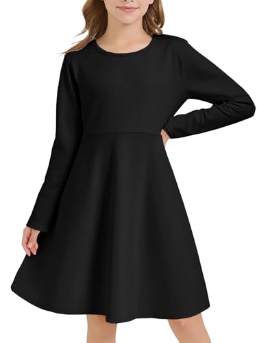 Girls Long Sleeve Skater Dress Kids Fall Crewneck Holiday Party Dresses with Pockets Black