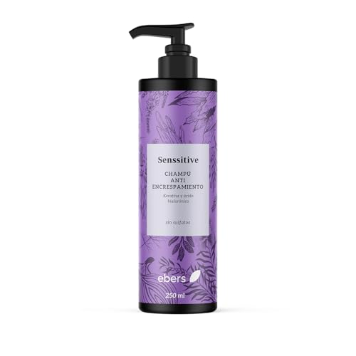 Ebers Champú Sin Sulfatos Antiencrespamiento 250 ml (Keratina vegetal, Ácido hialurónico, Ac. de Granada y Ac. Ricino) protección del color con ingredientes de origen natural