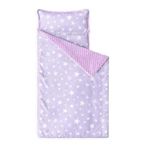 Wake In Cloud - Toddler Nap Mat with Pillow and Minky Fleece Blanket, for Kids Boys Girls in Daycare Preschool Kindergarten, Roll Up Sleeping Bag, Cute Star Polka Dot, Light Purple, Standard