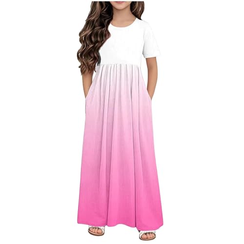 Gradient Maxi Dress for Girls Casual 2025 Summer Short Sleeve Crew Neck Swing Long Beach Dresses with Pockets for 4-14 Years