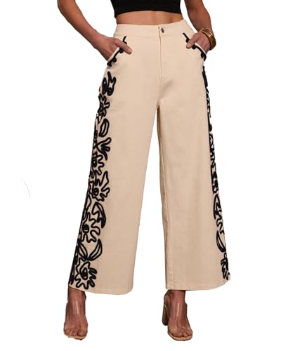 SCOFEEL Women's Embroidery Wide Leg Jeans High Waisted Baggy Denim Pant Casual Loose Fit Trousers with Pockets