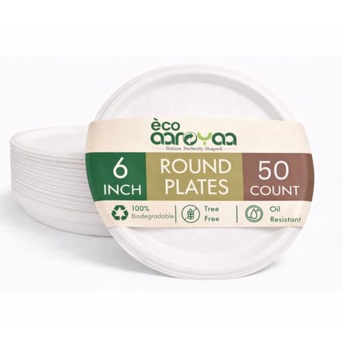 Image of Eco Aaroyaa Round Bagasse 6-Inch Disposable Plates - Eco-Friendly Disposable Plate for Food - Biodegradable Use and Throw Plates - Strong and Sturdy, Oil & Water Resistant (Pack of 50)