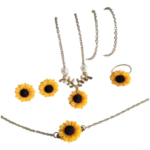 ZWEquipint Juego de collar con colgante de girasol para mujer con aretes de aleación de perlas y joyería de mano, elegante tono dorado (dorado)