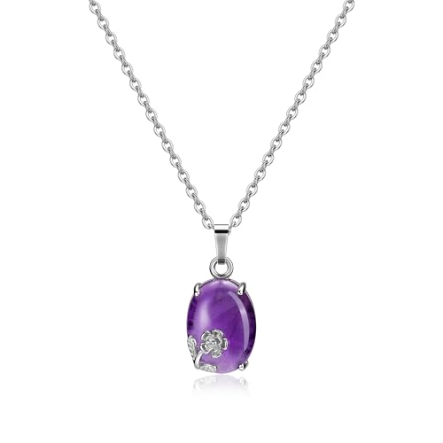 Jovivi Collier Amethyste Pierre Naturelle Femme Pendentif Ovale avec Décor Petit Fleur Collier Femme Fille Cadeau Mère Valentine Amitié BBF