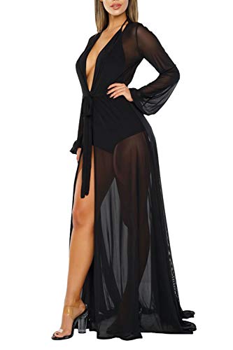 Pink Queen Women's Long Sleeve Flowy Maxi Bathing Suit Swimsuit Tie Front Robe Cover Up Black S #TOP1