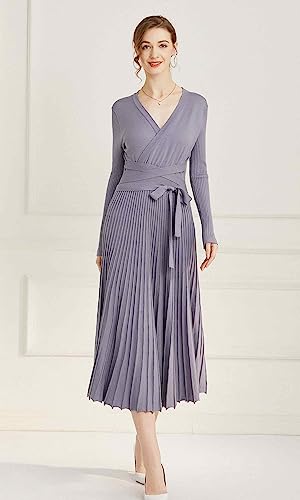 Image of Women's Long Sleeve Sweater Dress Ankle Length Fall Dress Vneck Knit Winter Dress