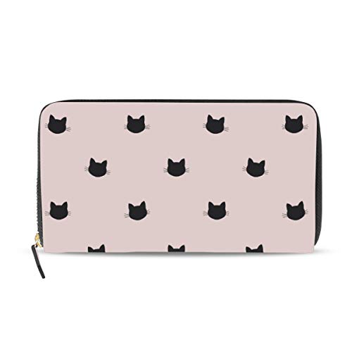 Preisvergleich Produktbild GIGIJY Geldbörse mit schwarzem Katzenkopf-Muster, mehrere Kreditkartenfächer, Tasche für Frauen, Leder, mit Reißverschluss