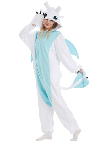 NCBYKM Unisex Cute Dragon Animal Onesie Pajamas Sleepwear Dragon Halloween Party Costumes(White Dragon-M)