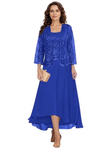 Tea Length Mother of The Bride Dresses with Jacket Floral Lace 2 PCs Formal Evening Gowns for Wedding Guest
