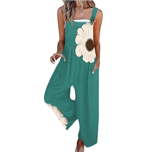 Chanpning Combinaison Ete Femme Fluide Salopette Boheme Motif à Fleurs Salopettes Sans Manches Ample Décontractée Combinaison à Jambes Larges Loose...