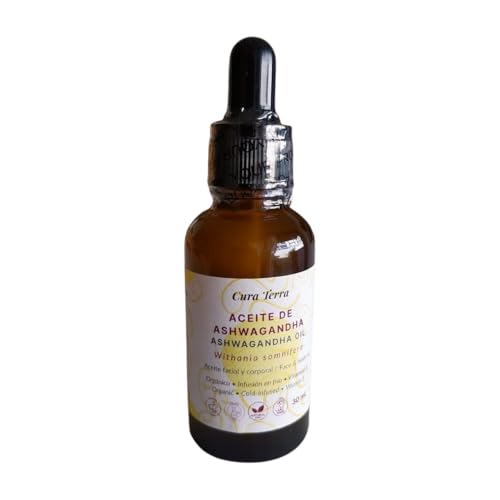 Aceite de Ashwagandha (Withania somnifera) 30 ml | Infusión Herbal en Aceite de Sésamo Orgánico de Primera Presión en Frío | Con Vitamina E Natural | Ligero, No Graso | Cuidado Facial, Piel y Cabello
