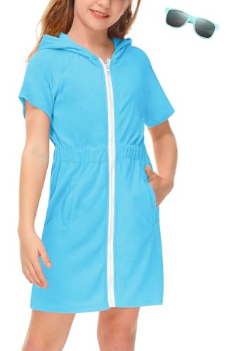 Image of BesserBay Girls Swim Cover Up Beach Bathing Suit Coverups for Swimwear Zip-Up Terry Cloth Robes with Sunglasses 6-14 Years