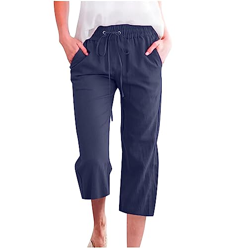 Capri Pants for Women,2025 Summer Casual High Waist Elastic Linen Pant Straight Wide Leg Cropped Trouser2