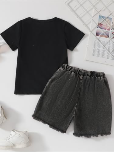 Image of Kids Toddler Girls Summer Clothes Leopard Butterfly Print T-Shirt + Belted Denim Jeans Shorts 3PCS Outfits