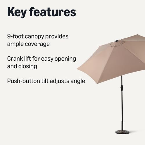 Image of Amazon Basics 90.6 inch Outdoor Patio Umbrella with Crank Lift and Push Button Tilt, Steel Pole, Steel Ribs, Tan