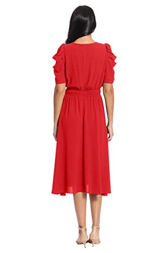 Image of London Times Women's Caterpillar Puff Sleeve Midi Dress - Gathered Waist A-Line Flowy Summer Dress