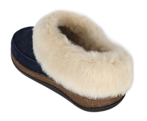 Clarks Womens Slipper Suede Leather Scuff Toe - Plush Faux Fur Collar/Lined With A Cork Midsole - Open Back Indoor Outdoor House Slippers For Women (Navy US 8)3