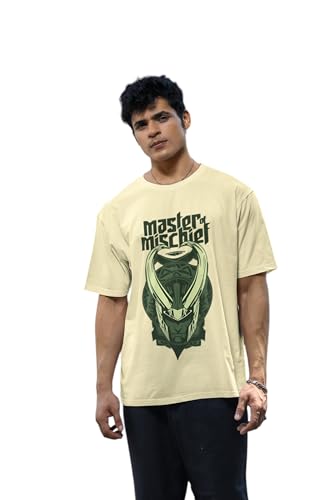 Image of SYOM Men's Oversized Graphic T-Shirt - Half Sleeve, Round Neck, Cotton-Blend Drop Shoulder Tee with inchLoki inch Logo & inchMaster Mischief inch Print