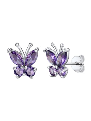 SILVERCUTE 925 Sterling Silver Butterfly Earrings for Women,Butterfly Birthstone Stud Earring/Ear Cuffs,Hypoallergenic Birthday Earrings for Women