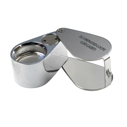 SE Illuminated 10X Magnifying Loupe with LED Light - 21mm Optical Glass Lens Portable Folding Design for Jewelry Geology Biology - Includes Case and Batteries - Silver Metal Construction