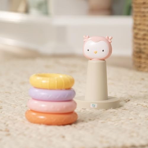 Image of Ingenuity ity Cutie Stacks, 4 BPA-Free Rings, Faux Wood Stand, Owl Topper, Unisex, for Ages 6 Months and Up - Nally (Pack of 2)