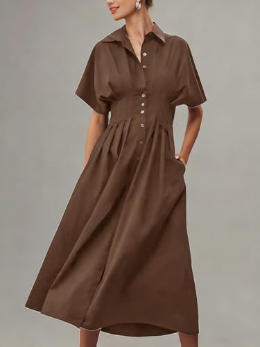 Image of Yeokou Shirt Dress for Women Summer Casual Short Sleeve Button Down Loose Pleated Maxi Sundress with Pockets