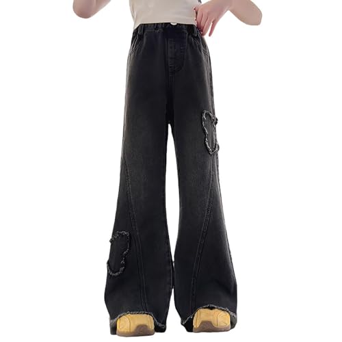 Girls Flared Jeans Butterfly Embroidery Elastic Waist 𝗥aw 𝗛em Jeans 𝗩intage Floor Length Pants with Pocket