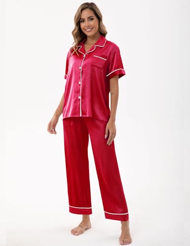 Image of UMBY Silk Satin Pajamas for Women Set 2 Piece button down Soft Silk Pjs Sets Cozy Silky Pajama Short Sleeve